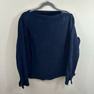 Nu Construction Boat Neck Blue Sweater Sz L Zipper Shoulders Sleeves 100% Cotton